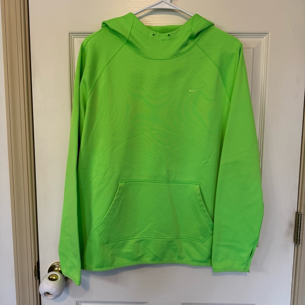 Nike Therma-Fit Hoodie Pullover Womens L Neon Green Kangaroo Pocket Thumb Holes